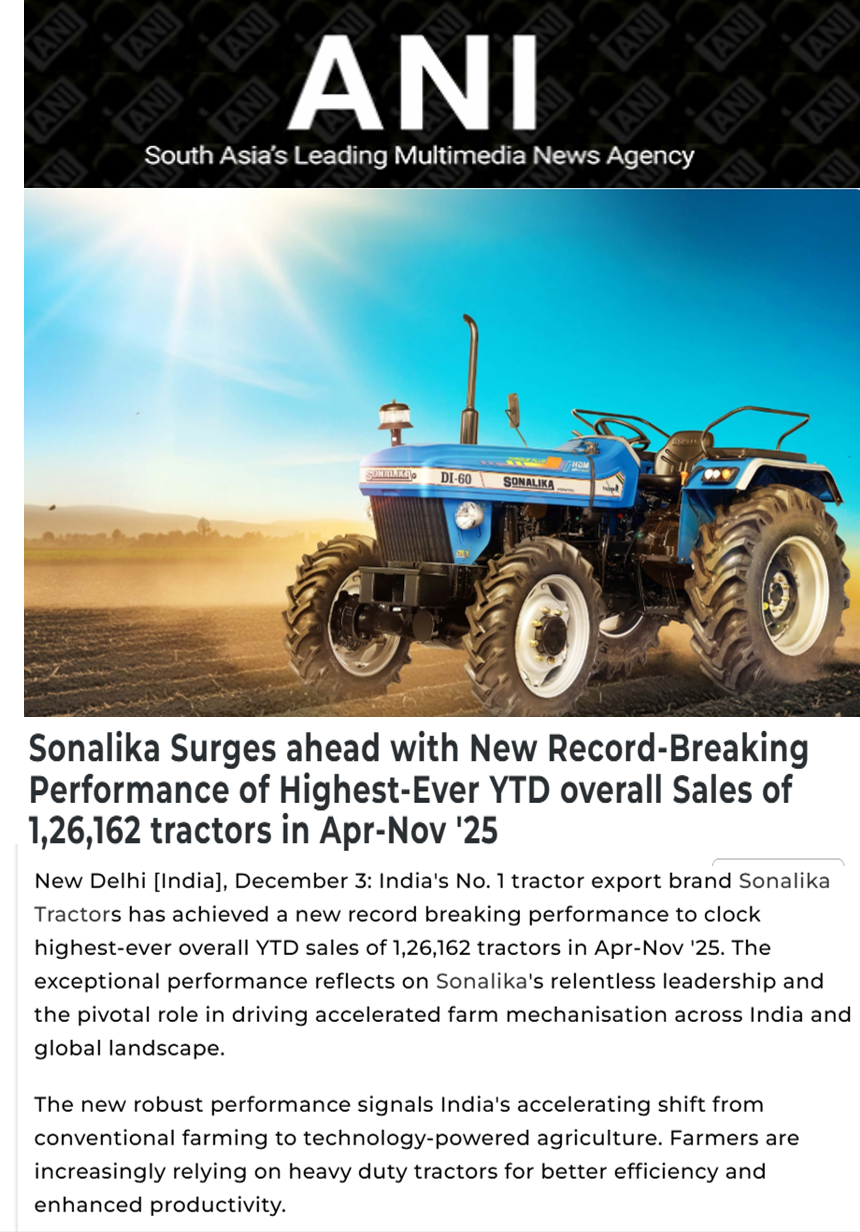 Apr–Nov ’25 Marks Global Expansion Milestone as Sonalika Tractors Posts Record YTD Sales