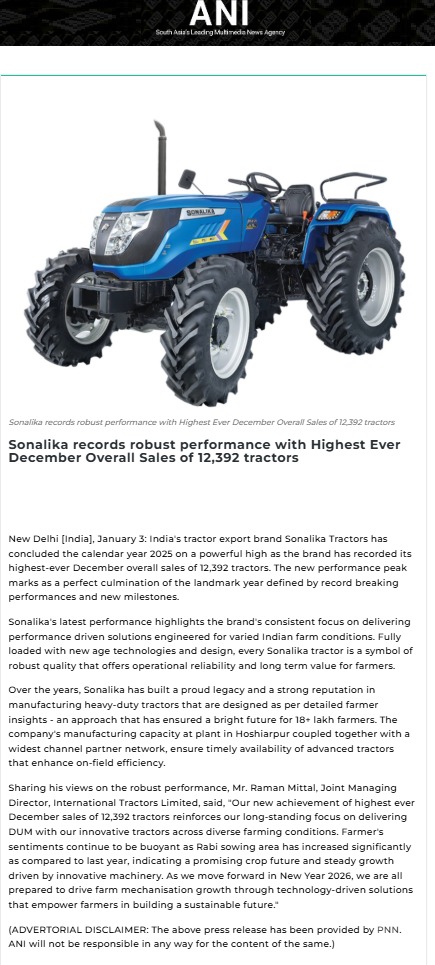 Sonalika Enters 2026 with Solid Year-End Sales Momentum