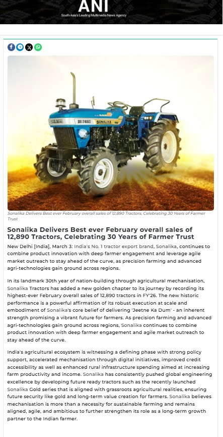 Sonalika Sells 12,890 Tractors in February 2026, Highest Ever for the Month