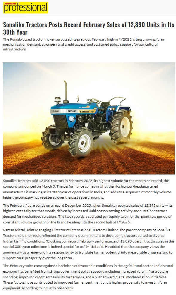 Sonalika Marks 30 Years with Record February Tractor Sales of 12,890 Units