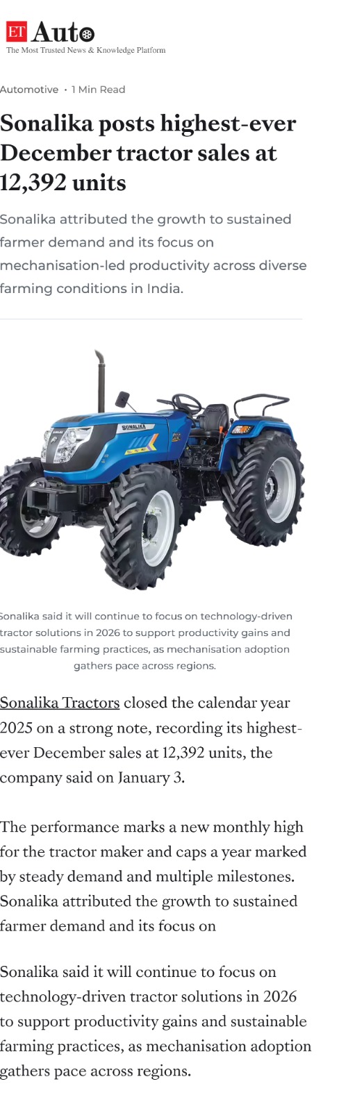 Sonalika Delivers Record-Breaking December Sales Performance